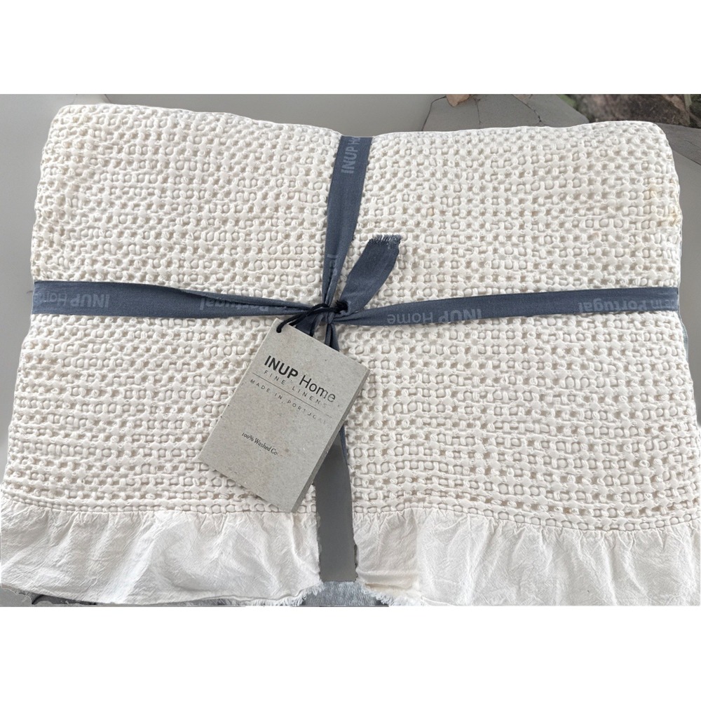 INUP Home Portugal Queen Coverlet Cream 100%‎ Washed Cotton Waffle Ruffle Fringe